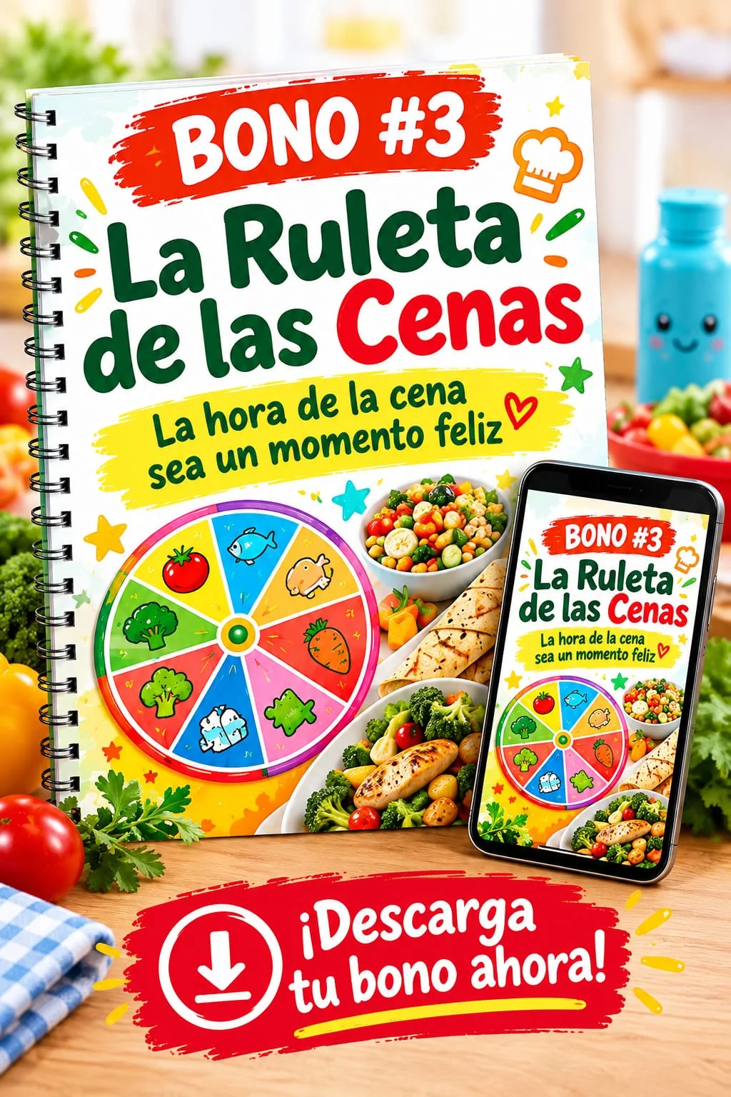 Ruleta impresa de ideas de cenas con un pequeño recetario y un lápiz