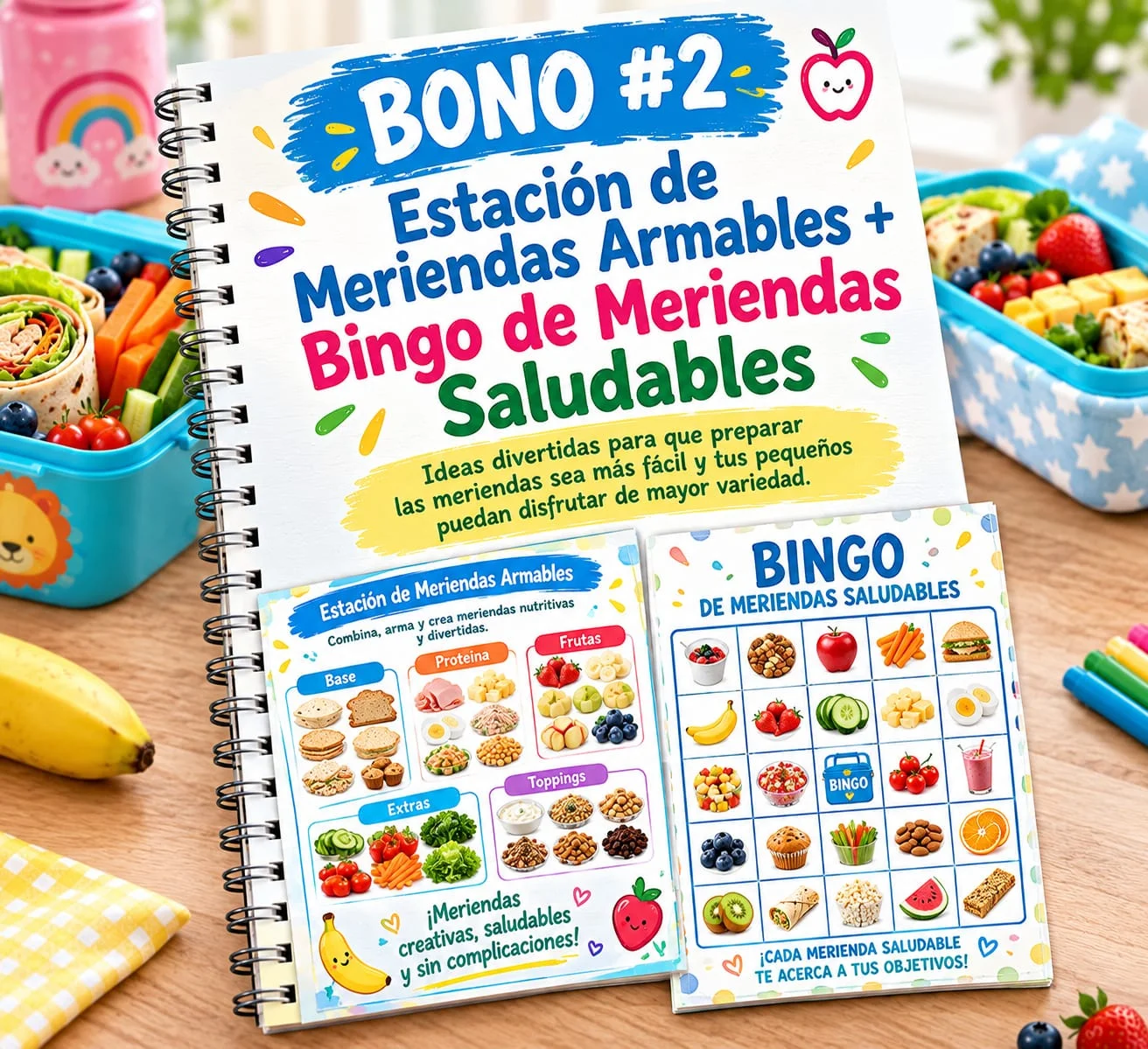 Recipientes etiquetados con frutas y snacks junto a un bingo de meriendas impreso