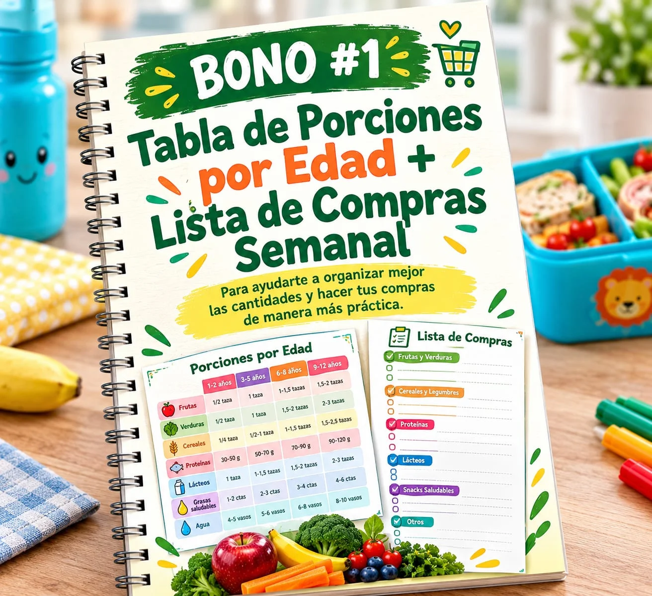 Hojas imprimibles de tabla de porciones por edad y lista de compras semanal