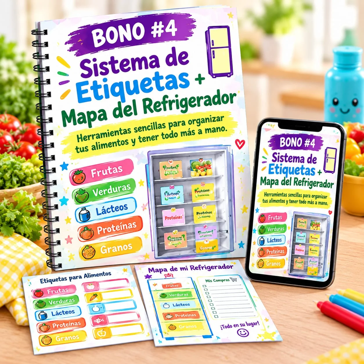 Refrigerador organizado con etiquetas en recipientes y mapa impreso sujetado con un imán
