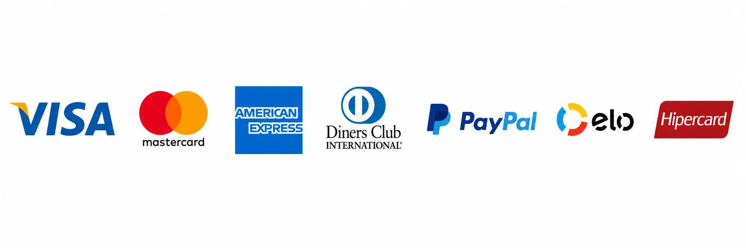 Métodos de pago aceptados: Visa, Mastercard, American Express, Diners Club, PayPal, Elo e Hipercard