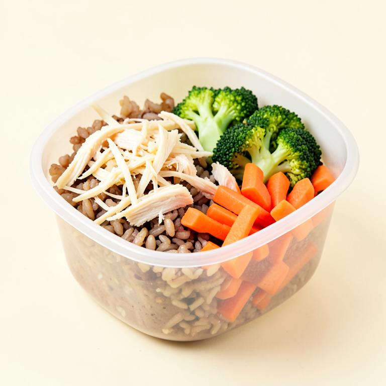 Bowl de arroz integral con pollo, brócoli y zanahoria en recipiente para llevar