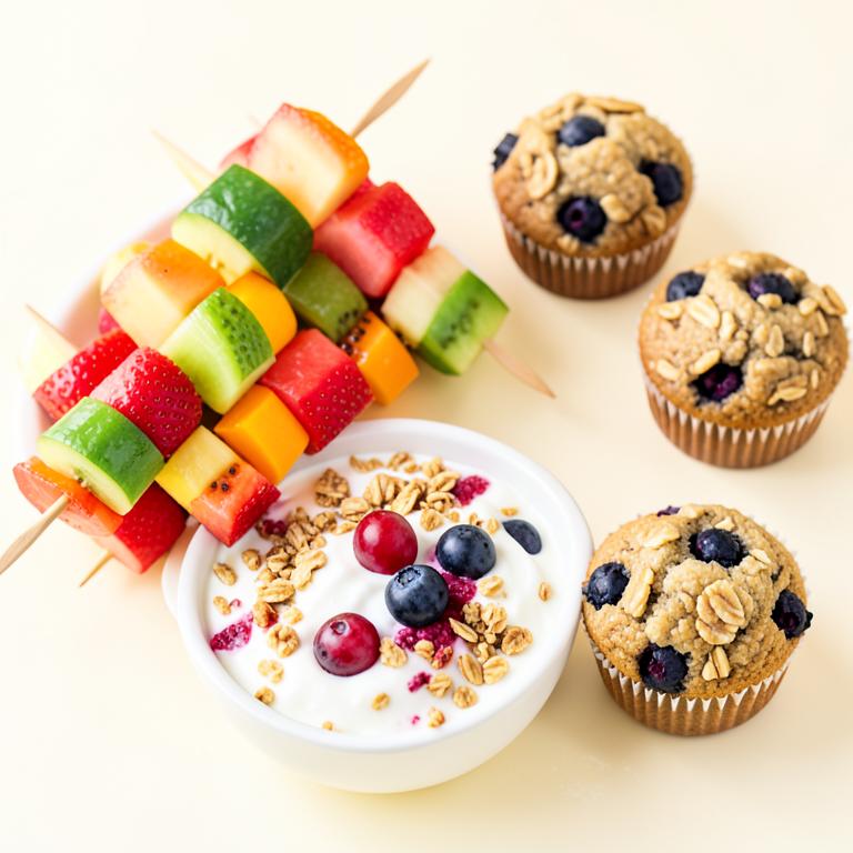 Brochetas de frutas, yogur con granola y frutos rojos y muffins de arándanos