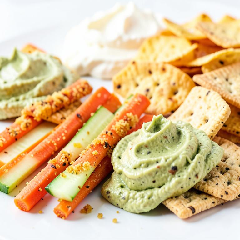 Bastones de zanahoria y pepino con hummus junto a galletas integrales de queso