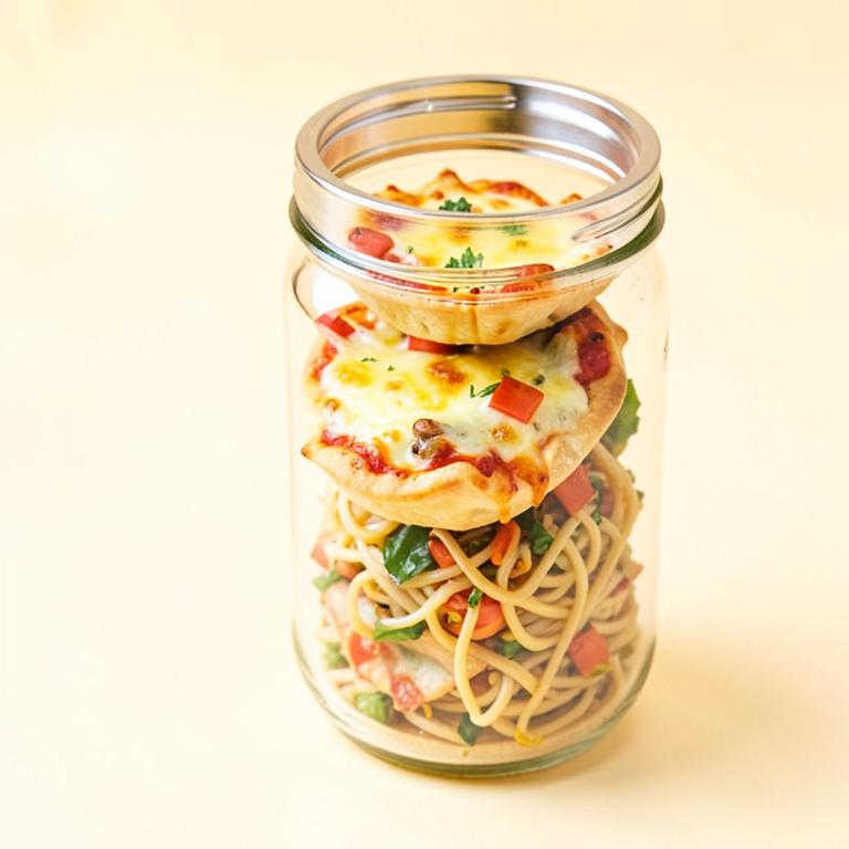 Mini pizzas de pan pita y fideos salteados en un termo de comida