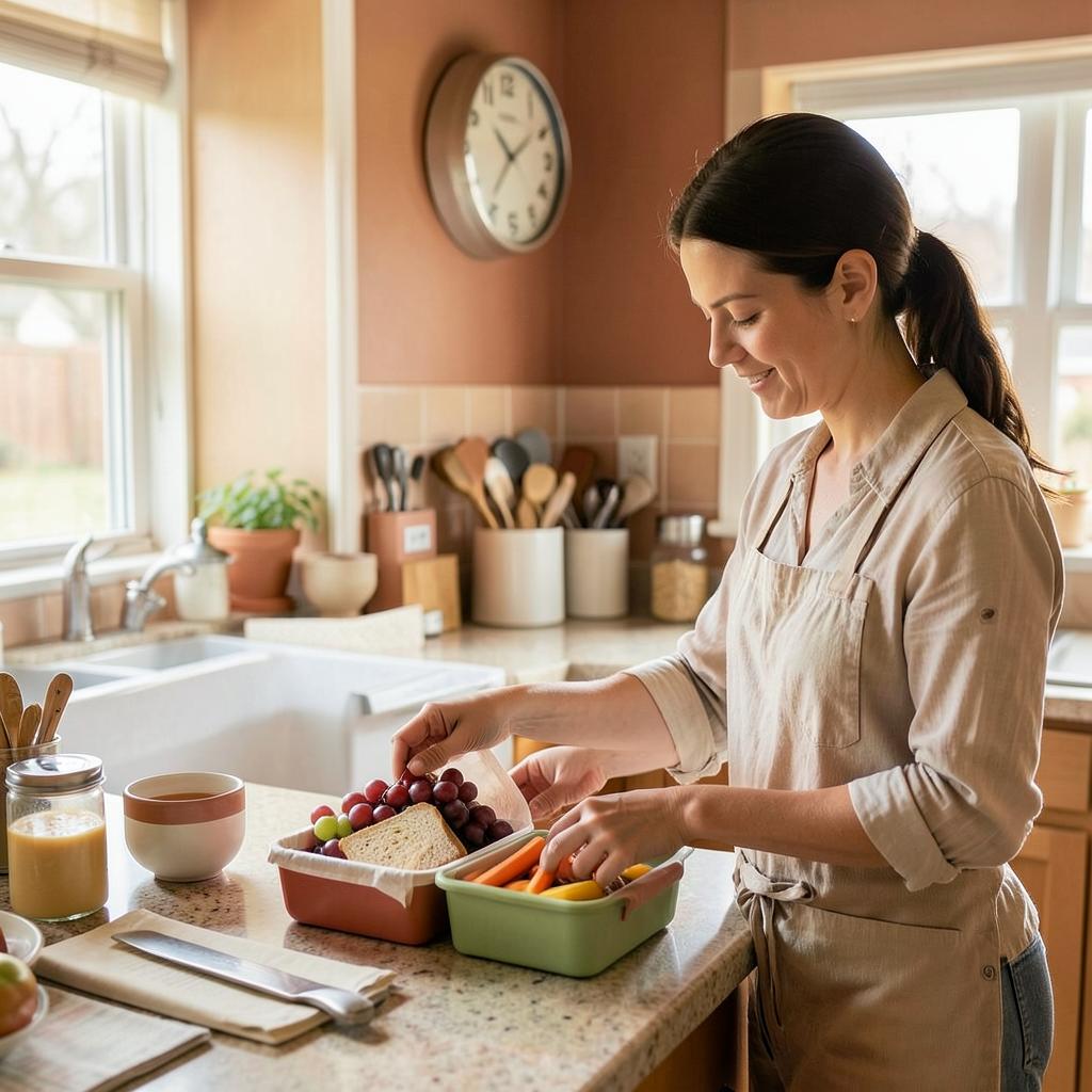 Madre armando una lonchera con sándwich, uvas y zanahorias en la cocina por la mañana